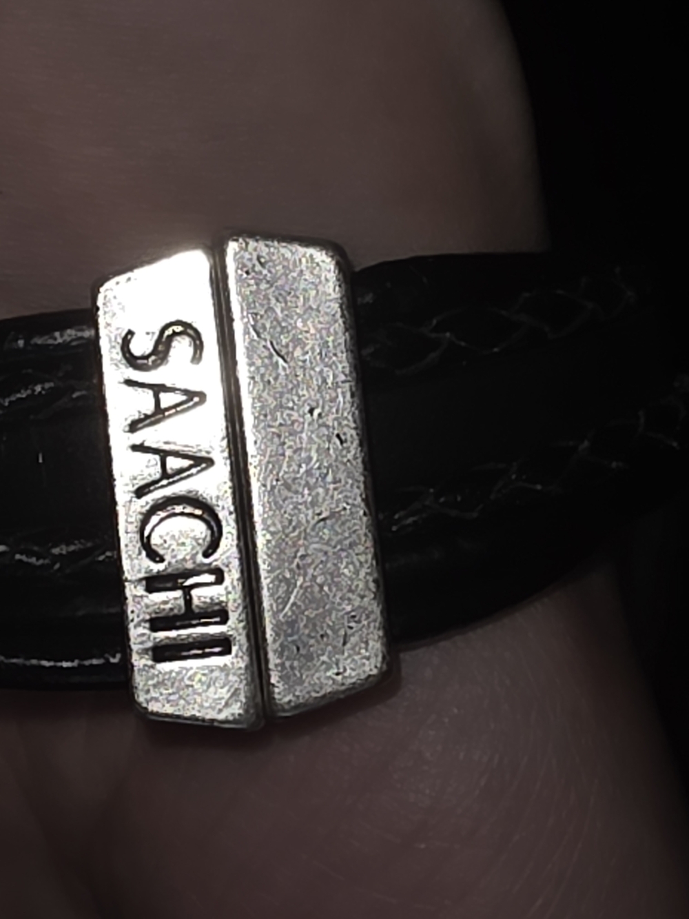 SAACHI Black Braided Leather Bracelet with Silver Logo Magnetic Clasp - Picture 2 of 3